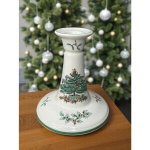 VTG Spode S3324M White/Green Porcelain Christmas Tree Candlestick Holder UK 5.5"
